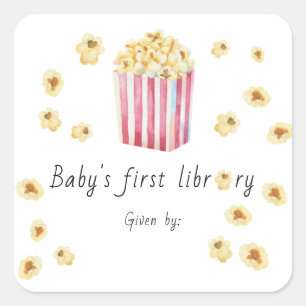 Sticker Carré Bibliothèque de bébé au pop-corn aquarelle 