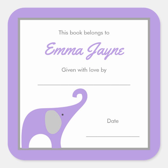 Sticker Carré Bibliothèque de livres de Baby shower Purple Eleph (Devant)