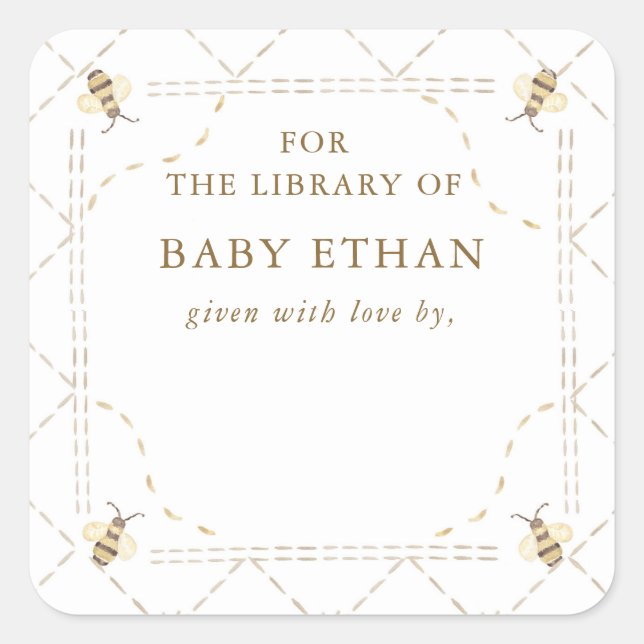 Sticker Carré Bibliothèque de livres pour Baby Shower Honey Bee (Devant)