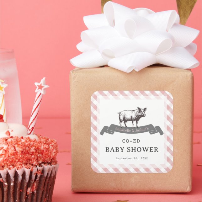 Sticker Carré Bibs & Ribs BBQ Rustique Rose En vichy Baby shower (Fête)