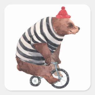 Sticker Carré Bicyclette Ours amusant