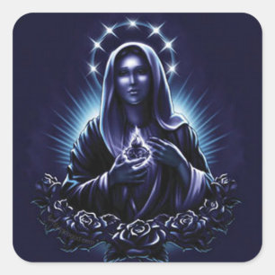 Sticker Carré Bienheureuse Vierge Marie en violet avec Roses
