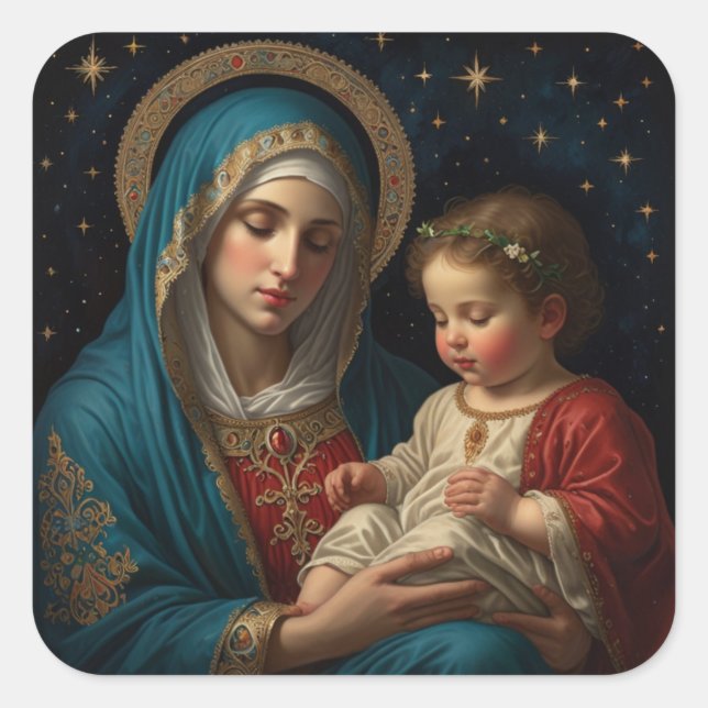 Sticker Carré Bienheureuse Vierge Marie & Jésus Nativité Noël (Devant)