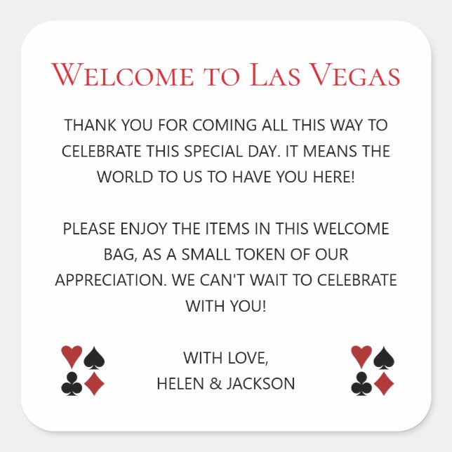 Sticker Carré Bienvenue à Las Vegas Mariage Bienvenue Sac cadeau (Devant)