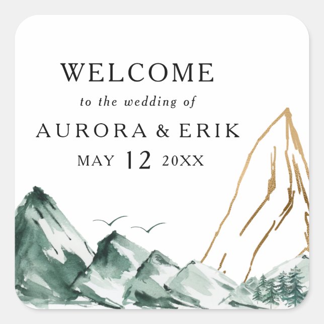 Sticker Carré Bienvenue au Mariage Green and Gold Mountain (Devant)
