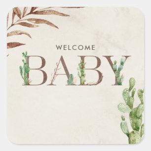 Sticker Carré Bienvenue Baby shower en cuir Cactus bébé