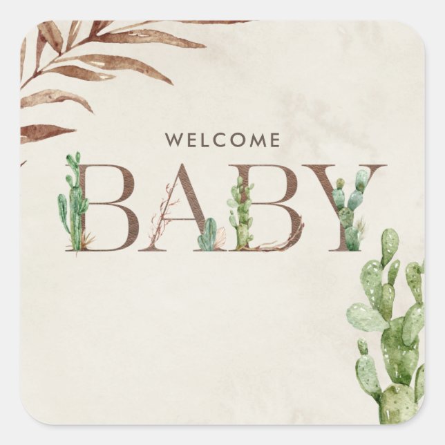 Sticker Carré Bienvenue Baby shower en cuir Cactus bébé (Devant)