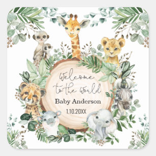 Sticker Carré Bienvenue Bébé Verdure Jungle Animaux Faveurs