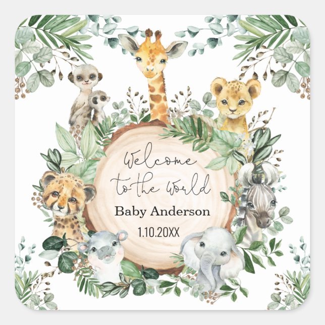 Sticker Carré Bienvenue Bébé Verdure Jungle Animaux Faveurs (Devant)
