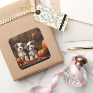 Sticker Carré Biewer Terrier Chiot Automne Citrouille délice