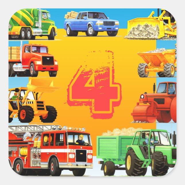 Sticker Carré Big Trucks 4e anniversaire fête Personnalisé Enfan (Devant)