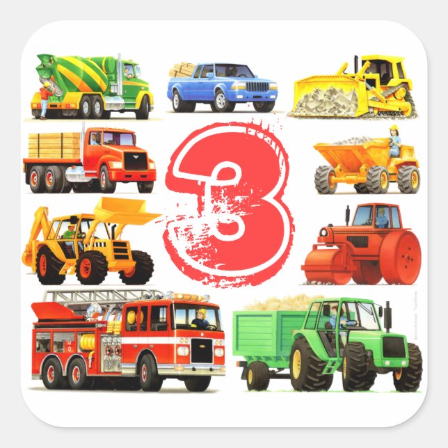 Sticker Carré Big Trucks Boys 3e anniversaire (Devant)