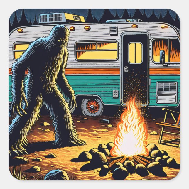 Sticker Carré Bigfoot à Campfire et Retro Rv (Devant)