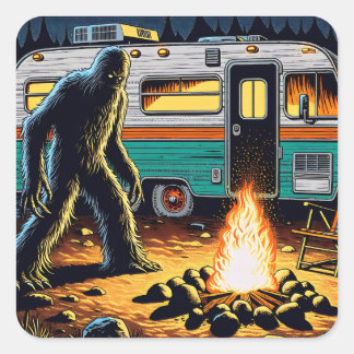 Sticker Carré Bigfoot à Campfire et Retro Rv