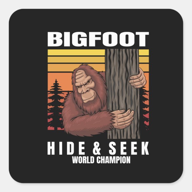 Sticker Carré bigfoot se cachant dans un arbre rétro (Devant)