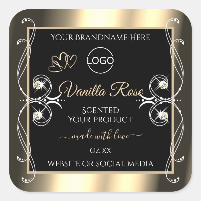 Sticker Carré Bijoux de luxe Noir Or Décor Produit Logo Étiquett (Devant)