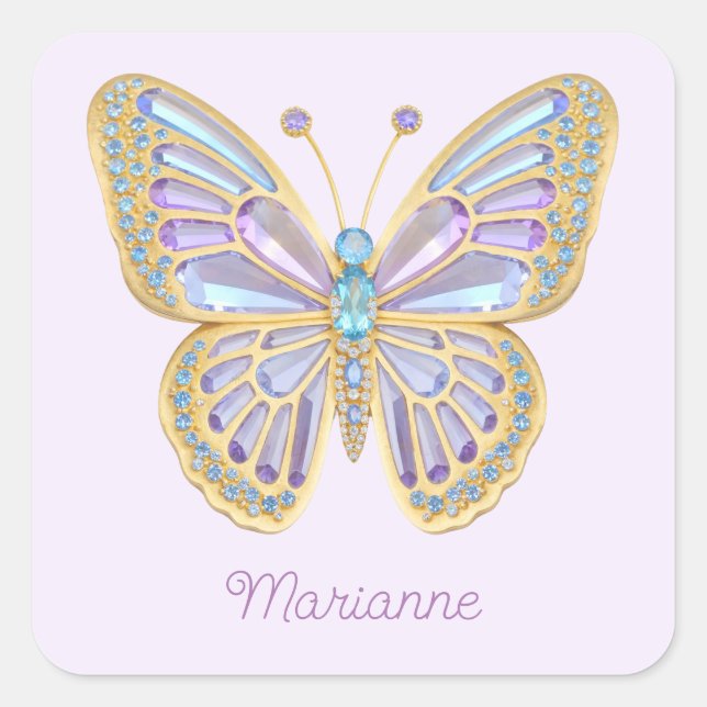 Sticker Carré Bijoux Papillon bleu violet Or (Devant)