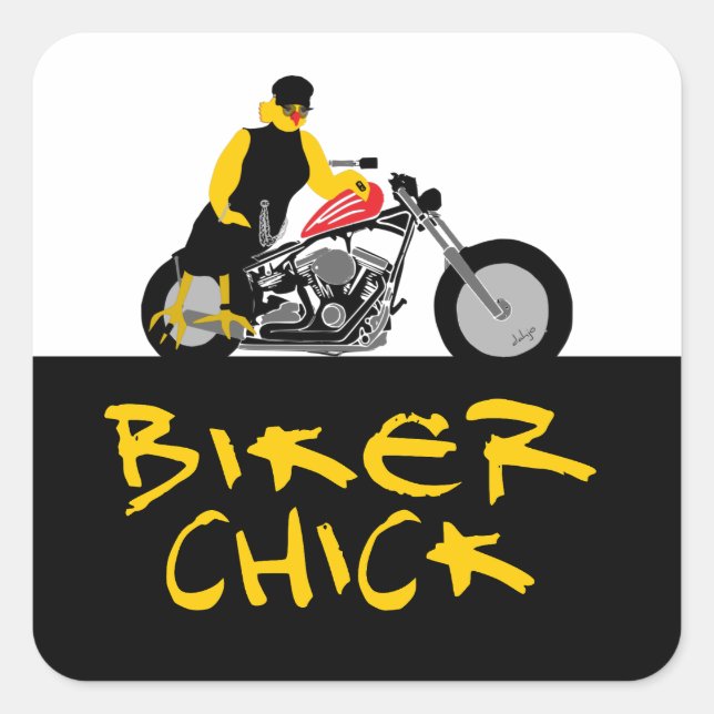 Sticker Carré BIKER CHICK assise sur sa moto (Devant)