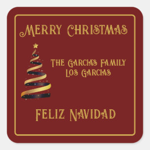 Sticker Carré Bilingue Feliz Navidad Noël Rouge et or