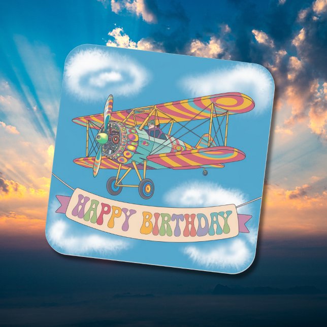Sticker Carré Biplane survolant la bannière d'anniversaire heure (Créateur téléchargé)