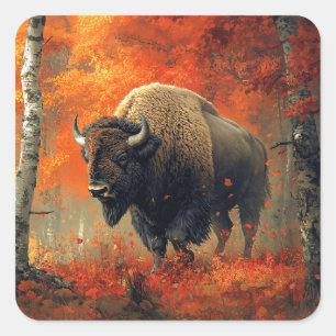 Sticker Carré Bison dans l'artisanat boisé d'automne
