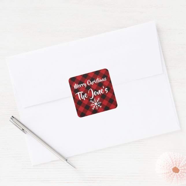 Sticker Carré Bison noir rouge vacances en plaid, flocons de nei (Enveloppe)