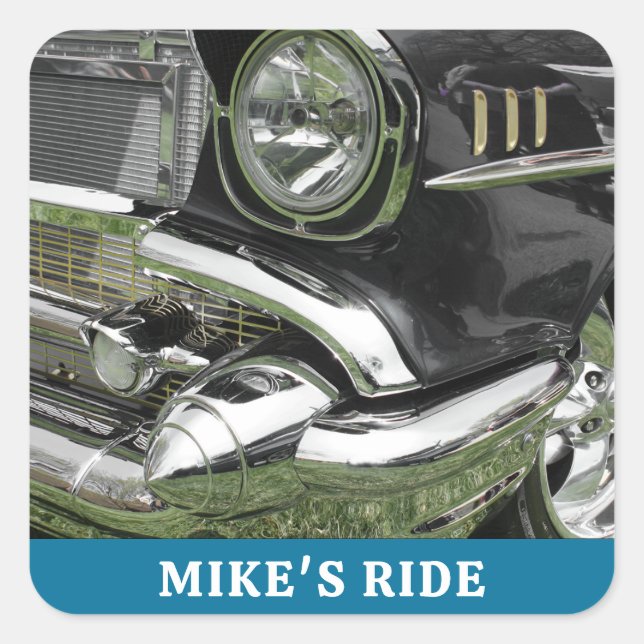 Sticker Carré Black 1957 Chevy Car, Nom/Message, Votre Photo/Art (Devant)