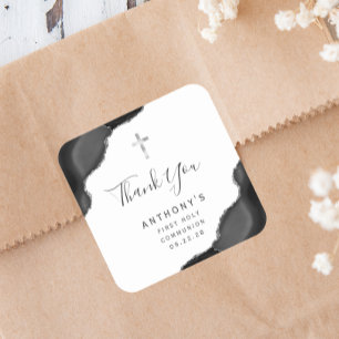 Sticker Carré Black Argent Agate Premier Sainte Communion Merci