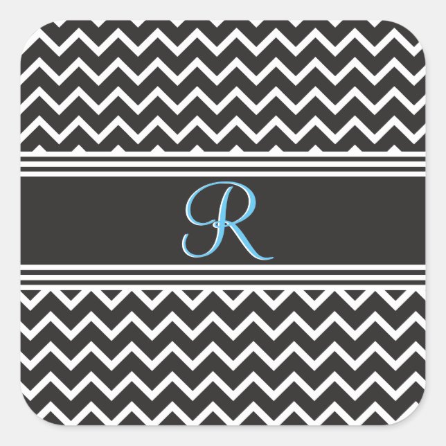 Sticker Carré Black | Blanc Chevron gothique Zigzag Monogramme (Devant)