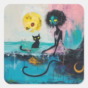 Sticker Carré Black Cat Moon Ocean Rose Magique Witchy AI Art
