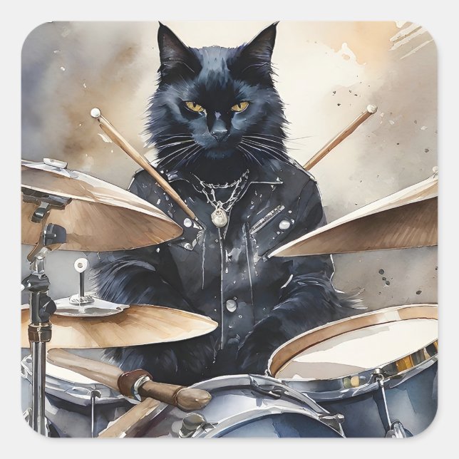 Sticker Carré Black Cat Rock Star Jouer des tambours Veste en cu (Devant)