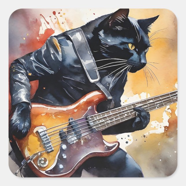 Sticker Carré Black Cat Rock Star Veste en cuir Jouer Guitare (Devant)
