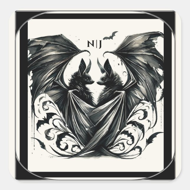 Sticker Carré Black Cream Argent Gothique Love Bats Mariage (Devant)