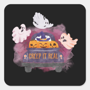 Sticker Carré Black Creep It Real Citrouille Ghost Halloween