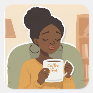 Sticker Carré Black Female Drinking Coffee