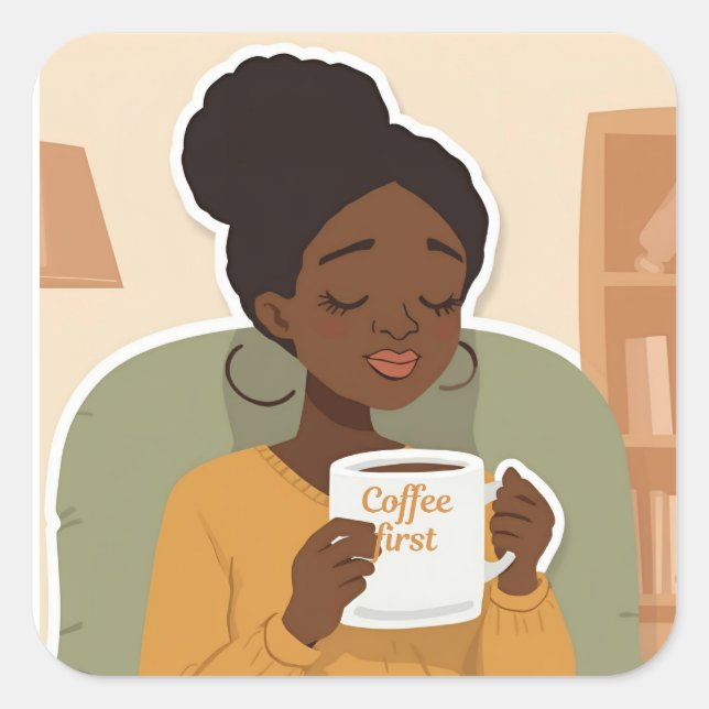 Sticker Carré Black Female Drinking Coffee (Devant)