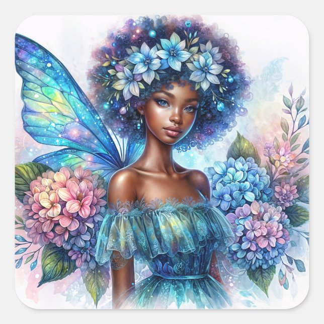 Sticker Carré Black Girl Fairy with Afro and Blue Hydrangeas (Devant)