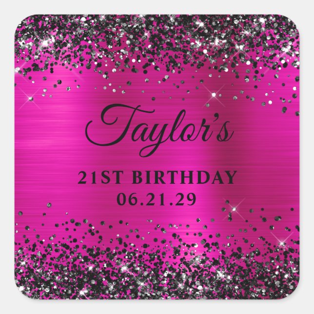 Sticker Carré Black Glitter Hot Pink Foil 21st Birthday (Devant)