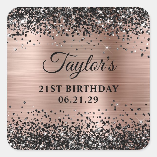 Sticker Carré Black Glitter Rose Gold Foil 21st Birthday (Devant)
