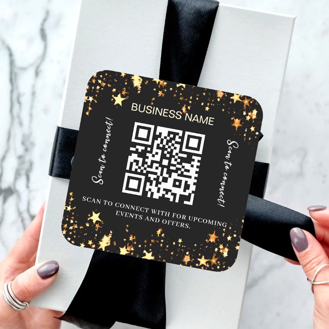 Sticker Carré Black gold stars nom commercial qr code (Créateur téléchargé)