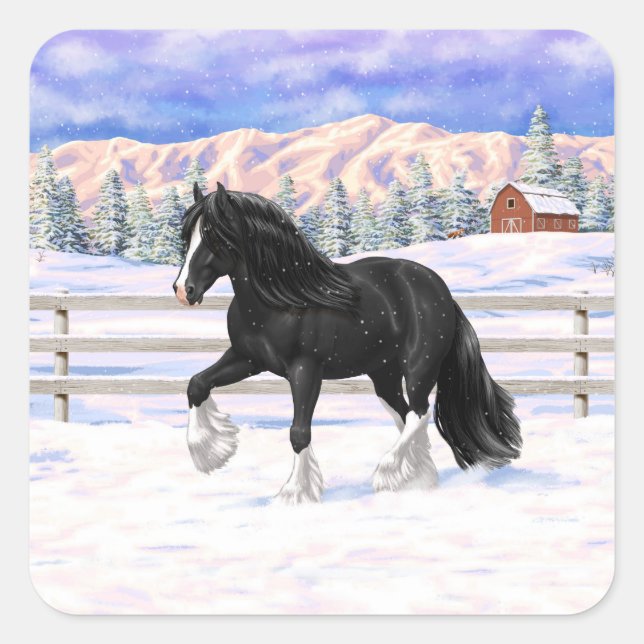 Sticker Carré Black Gypsy Vanner Irlandais Cob Brouillon Cheval  (Devant)