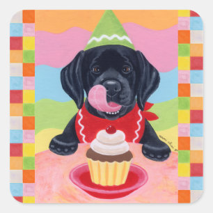 Sticker Carré Black Lab Chiot Anniversaire Cupcake Peinture