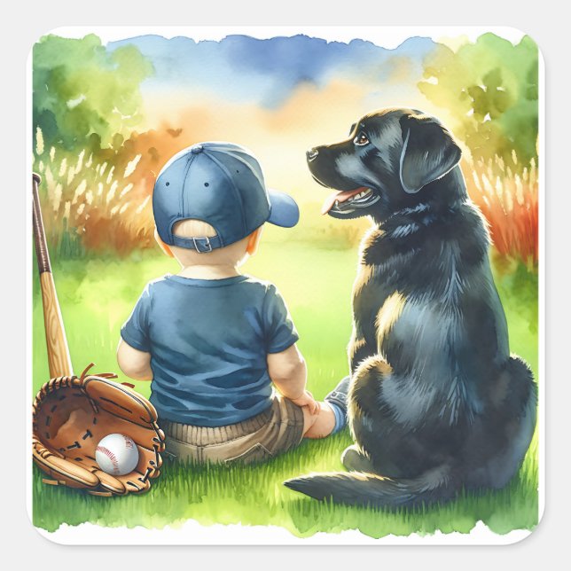 Sticker Carré Black Lab et Baby Boy Baseball Baby shower à thème (Devant)
