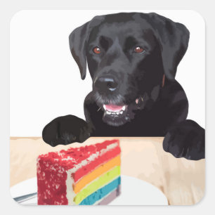 Sticker Carré Black Lab Rainbow Cake Chien fête d'anniversaire