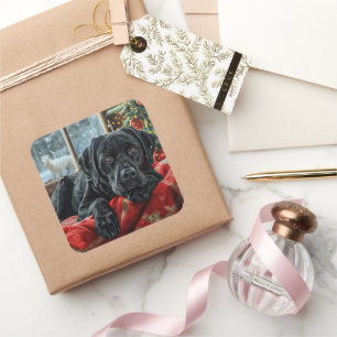 Sticker Carré Black Labrador Chien Festive de Noël