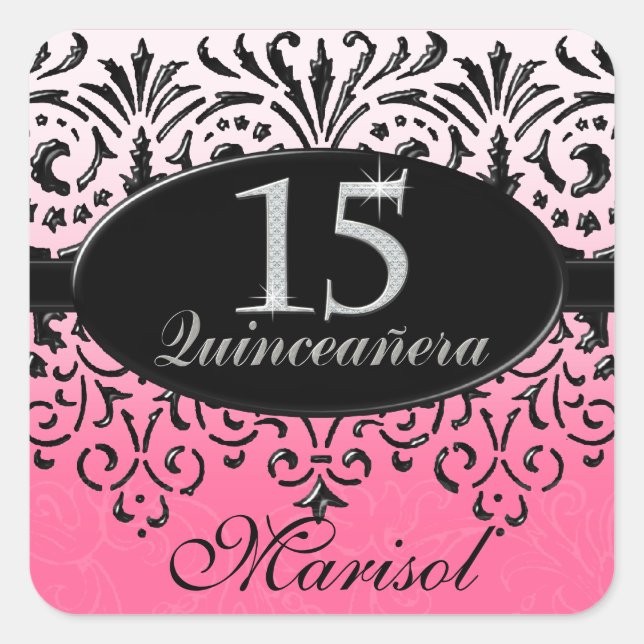 Sticker Carré Black n White dentelle Look argent 15e Quinceanera (Devant)