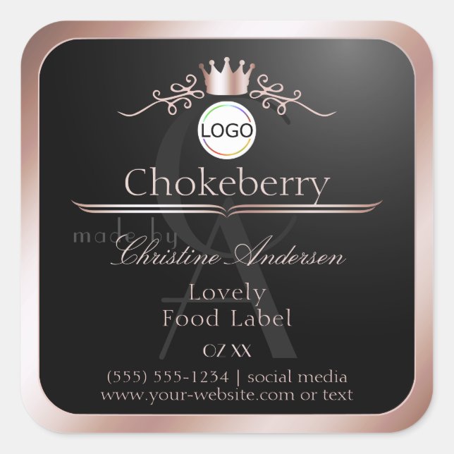 Sticker Carré Black Product Label Rose Gold Frame Logo Monogram (Devant)