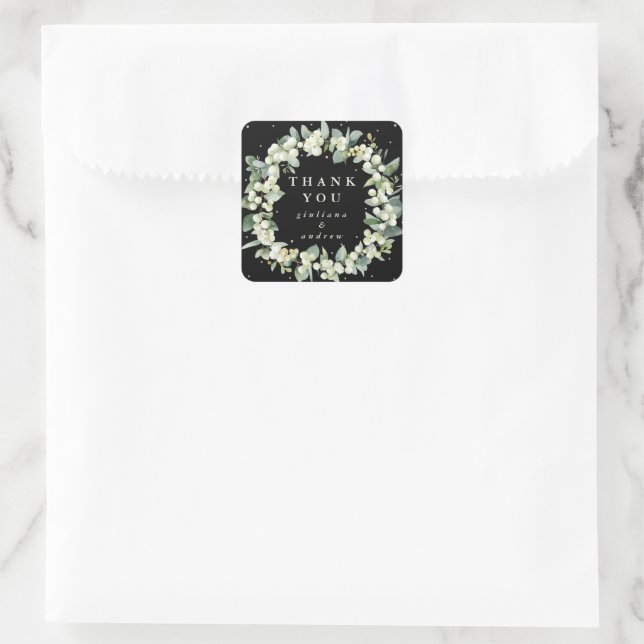 Sticker Carré Black Snowberry+Eucalyptus Merci Mariage (Sac)