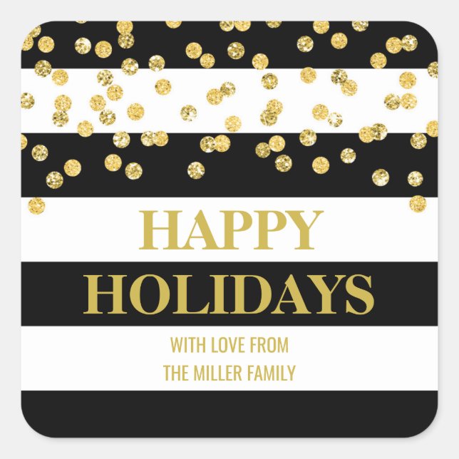 Sticker Carré Black Stripes Gold Confetti Joyeuses vacances sur  (Devant)