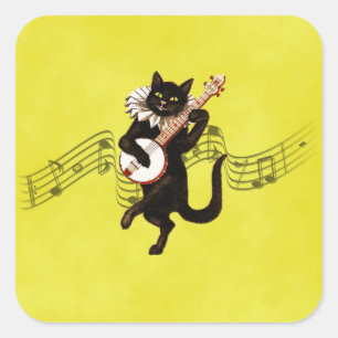 Sticker Carré Black Vintage Chat Jouer Banjo sur des notes music